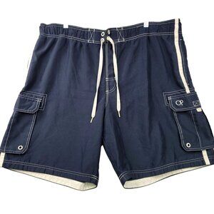 Op Mens Dark Navy Cargo Swim Trunks XL Drawstring Waist Pockets